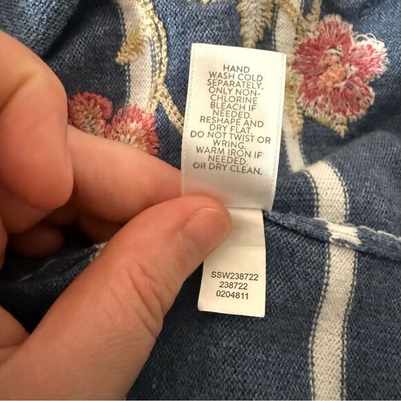 J Jill Sweater Sz XS Petite Blue Striped V Neck Embroidered Hooded Oversized - Picture 12 of 14